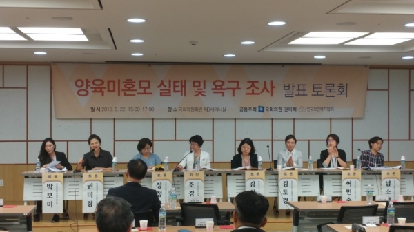 지난 22일 국회의원회관에서 열린 인구보건복지협회 주최 '양육미혼모 실태 및 욕구 조사 발표 토론회'의 모습.