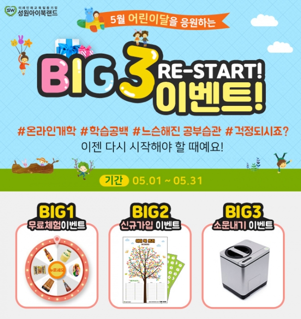 성원아이북랜드,  5월 한 달간 ‘RE-START! BIG3이벤트!’ 진행 (사진 = 성원아이북랜드 제공)