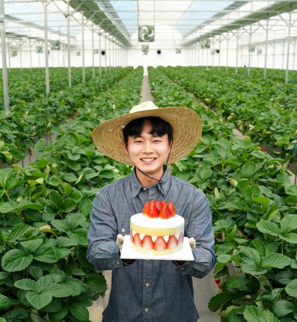 충청남도 논산시에 위치한 비타베리 재배 농가에서 청년농부 박태준씨가 비타베리를 활용한 파리바게뜨 케이크를 들고있다. (사진=SPC그룹 제공)