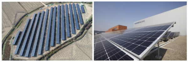 오산 아모레 뷰티 파크에 재생에너지 공급 예정인 에코네트워크 소유 영광중앙솔라, 오산 아모레 뷰티 파크 태양광 패널 (사진 좌측부터) (사진=아모레퍼시픽 제공)