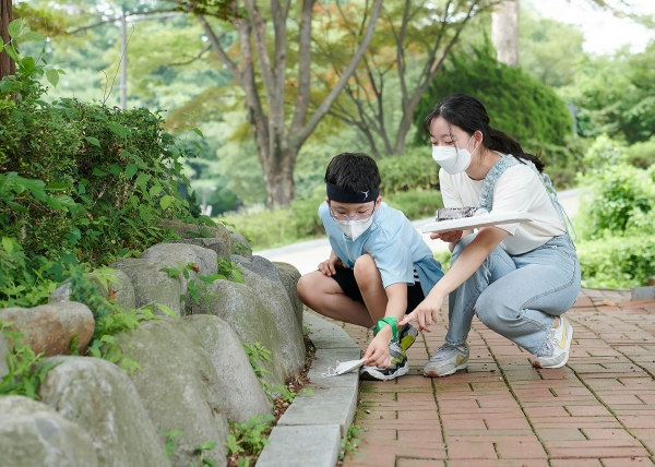풀무원재단과 서울어린이대공원의 '보물줍깅' 캠페인에 참여한 어린이들이 길가에 버려진 쓰레기를 줍고 있다. (사진=풀무원 제공)