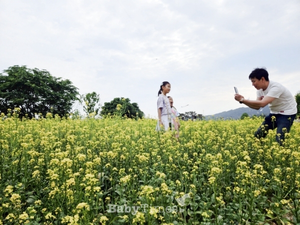 13일 오후 구리한강시민공원에서 열린 ‘2023 구리 유채꽃 한강예술제’를 찾은 시민들이 유채꽃밭에서 기념촬영을 하며 즐거운 시간을 보내고 있다. (사진=장선희 기자)