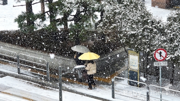 17일 서울 영등포구 문래동 일대에 많이 내리는 눈으로 우산을 쓰고 이동하고 있는 시민들.